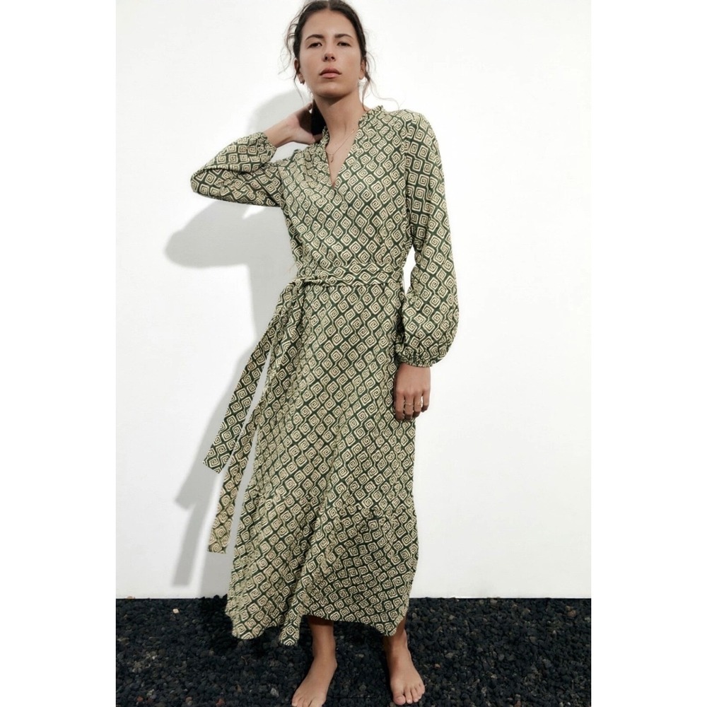 Zara Womens Green Geometric Spiral Print V-Neck Belted Midi Dress Small